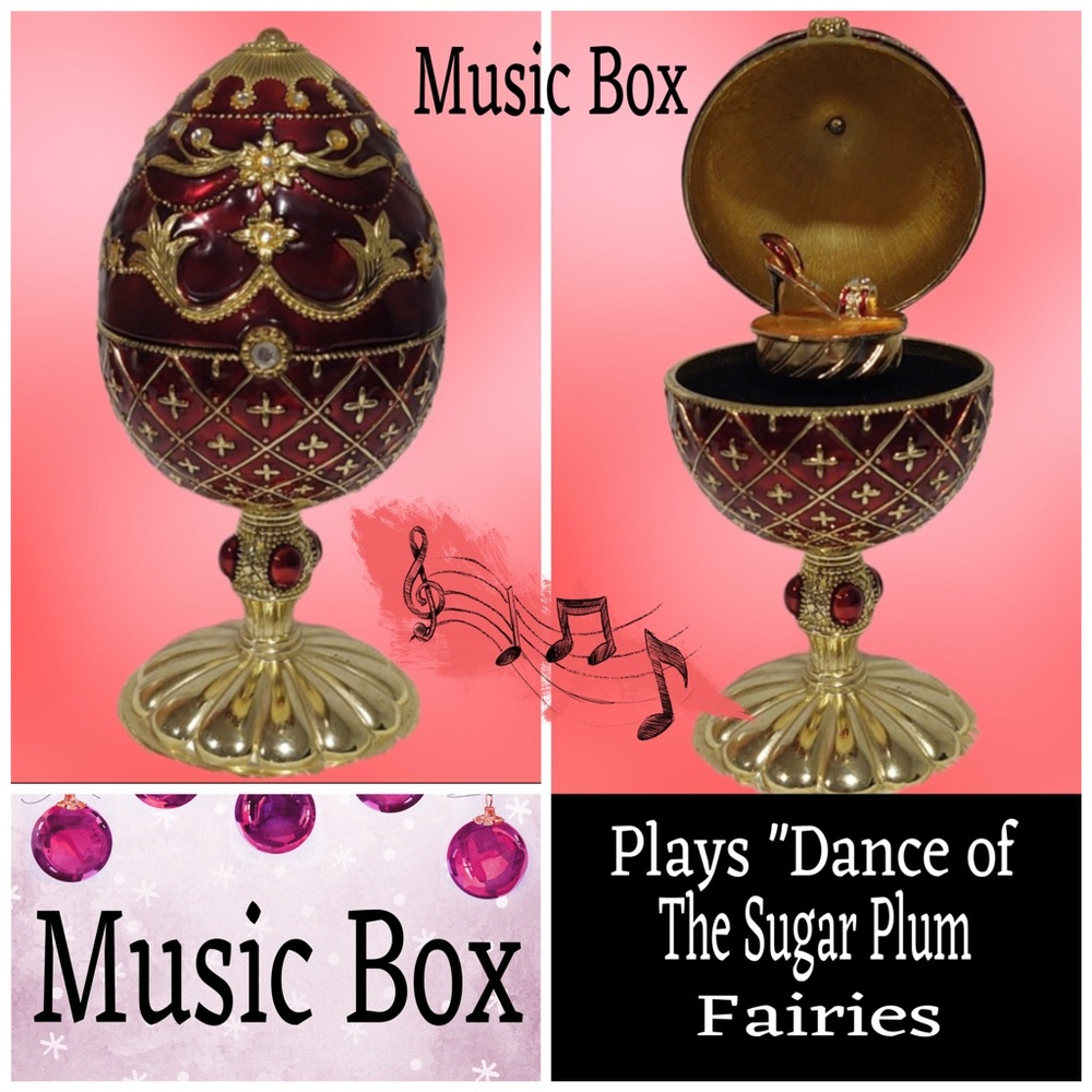 Christmas Enameled Egg Music Box Plays “Dance of the Sugar Plum Fairies”, Red